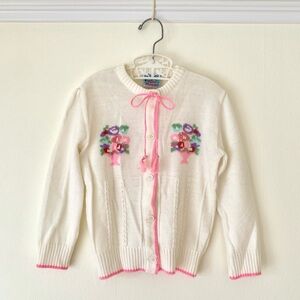 vintage cream knit cardigan with floral bouquets and pink trim